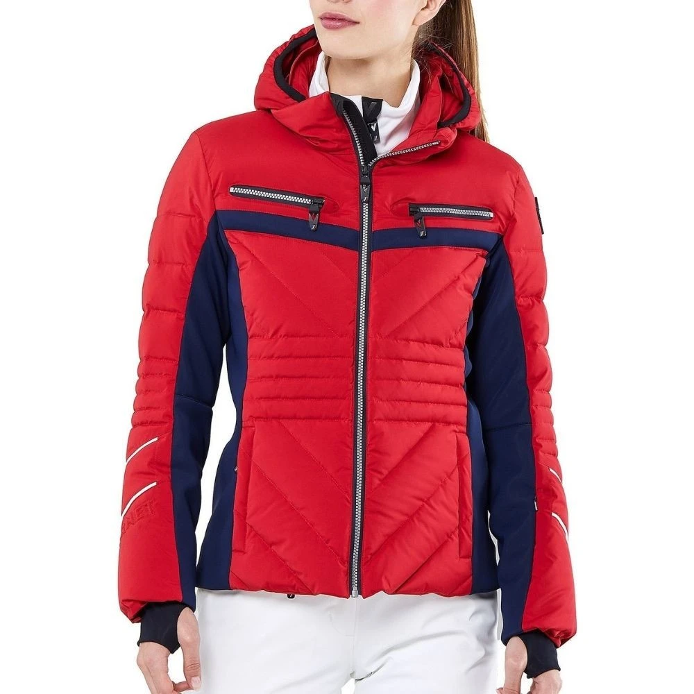 red and white ski jacket